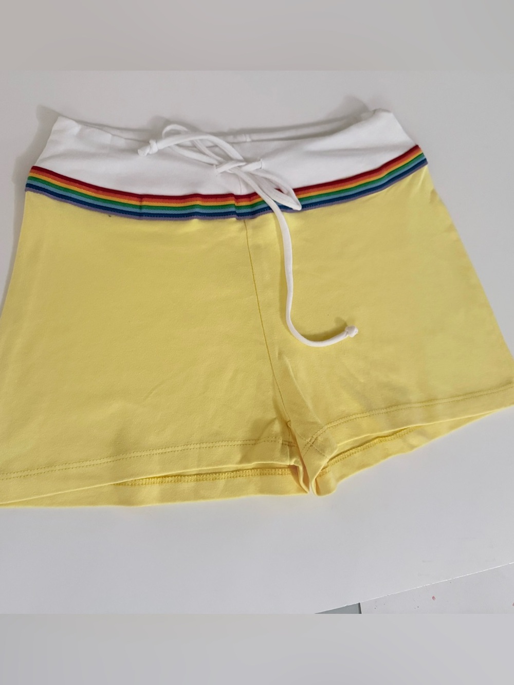 Yellow Athletic Shorts with Rainbow Stripe Waistband & Drawstring